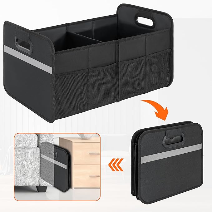 BQKOZFIN Large Capacity Sturdy Trunk Storage Organizer, Water Resistant Collapsible Organization Container, Multi-Compartment Car or SUV Accessories, Black