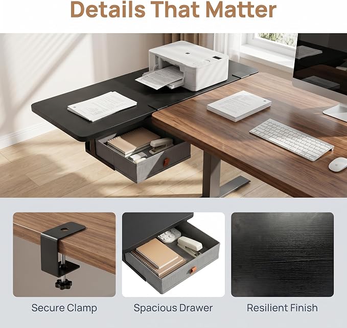 Desk Extender Tray with Drawer, 24 x 12 in, Clamp On Desk Shelf, Black | Extension Table Extender, Keyboard Tray Arm Rest, Front or Side Mount, 55 lbs, Home Office Gaming