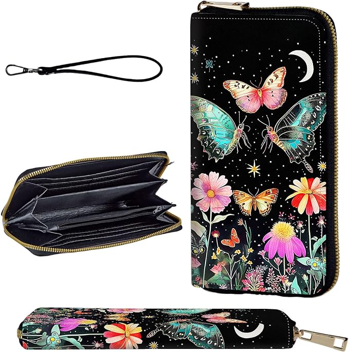 Wallet,Leather Long Wallet Suitable For Ladies And Teenagers - Detachable Wristband + RFID Travel Wallet With Card Slot - Butterfly Moon Flower