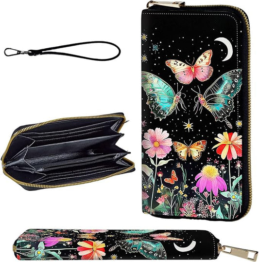 Wallet,Leather Long Wallet Suitable For Ladies And Teenagers - Detachable Wristband + RFID Travel Wallet With Card Slot - Butterfly Moon Flower