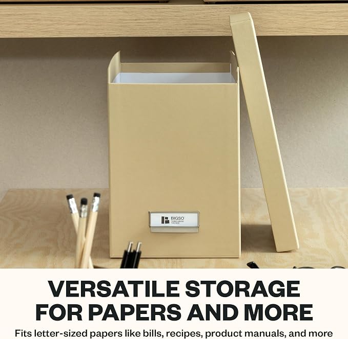 Bigso John Fiberboard Label Frame Desktop File Storage Box - Document Organizer for Important Paperwork - Durable Hanging File Box with Lid & Metal Label Window - 7.36 x 13.38 x 10.51 in - Fawn