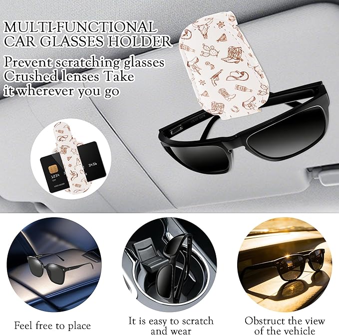 HemerVows Sunglass Holder for Car, Western Cowboy Print Magnetic Leather Visor Sunglasses Holder Clip, Universal Sun Visor Accessory Eyeglass Clip for SUV Pickup Truck