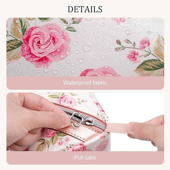Mrsdry Travel Makeup Bag，Large-capacity waterproof cosmetic bag，Travel bags and toiletries bags for women，PU leather material，Multi-zone and large opening design (Rose Gold flower)
