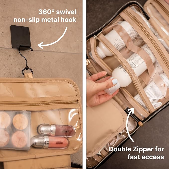Carrywell Toiletry Bag Travel Bag with Hanging Hook, Makeup Organizer Case, Water-Resistant Cosmetic Bag For Full-size Containers, Toiletries, Pink Medium, Not Made In China