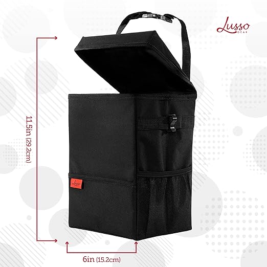 Lusso Gear Spill-Proof Car Trash Can (3.5 Gallon) - Easy to Clean Hanging Garbage Bin - Leak-Proof Lid, Removable Liner, Waterproof - Keeps Truck, SUV, Car, Minivan Clean & Odor Free (Tan)