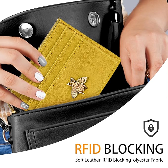 SEAVILIA Card Holder Keychain Wallet for Women with ID Window RFID Coin Purse Bee Gifts Slim Minimalist Small Wallet