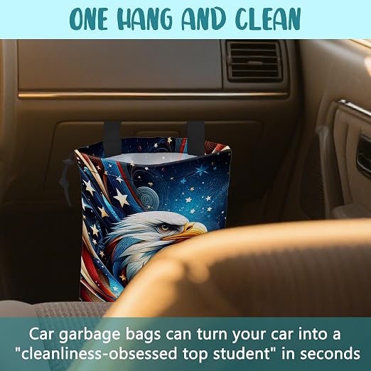 Car Garbage Bag American Flag and Bald Eagle Drawstring Car Trash Bag Hanging for Back Seat with Adjustable Buckle Canvas Vehicle Trash Can Easy-to-Install