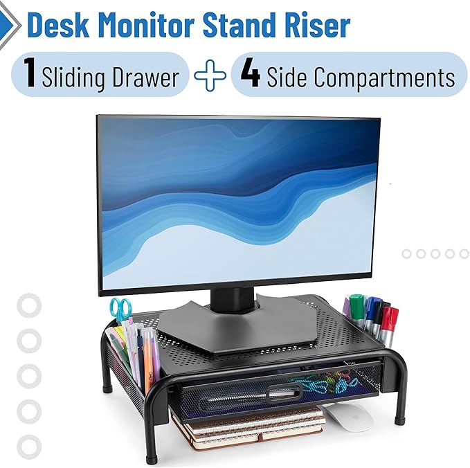 Mr. Pen- Metal Mesh Monitor Stand With Drawer, Computer Stand for Desk With Storage, Desktop Riser