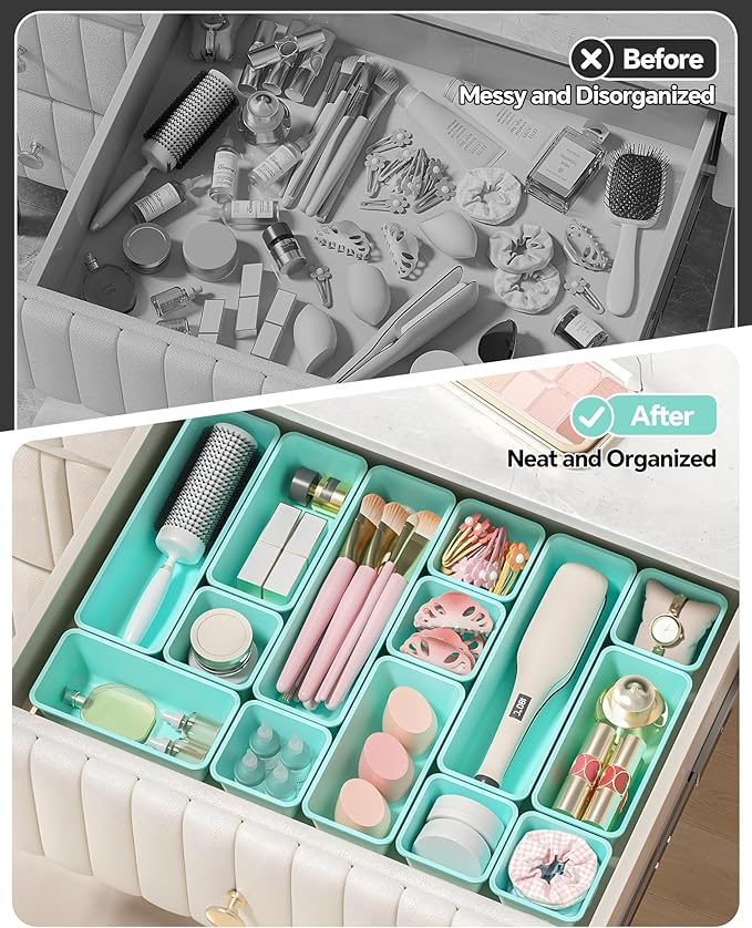 Canfanni 13 Pack Plastic Drawer Organizers Set, 3 Sizes Desk Drawer Organizer Trays for Vanity and Makeup Organizer, Organization and Storage for Makeup, Kitchen Utensils, Bathroom and Office(Blue)