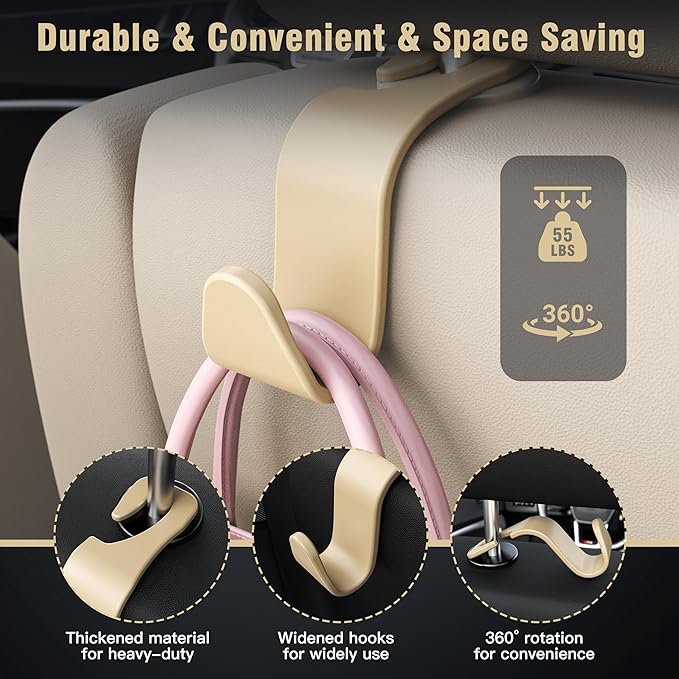 Amooca 4-Pack Car Headrest Hooks Vehicle Storage Organizer for Purses Handbags Groceries Coats –Holds 55lbs 360° Rotating Simple Design Beige