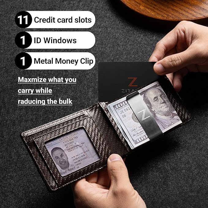 Zitahli Slim Wallet for Men with Money Clip, Minimalist Front Pocket RFID Blocking Leather Wallets Bifold Credit Card Holder, 11 Card Slots and ID Window with Gift Box