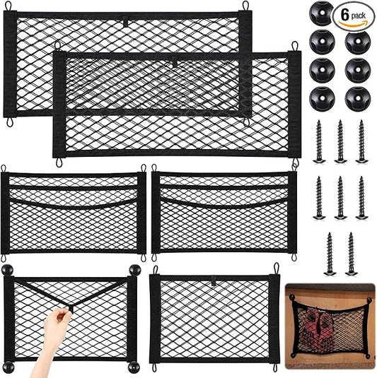 6 Pcs Car Storage Net Bag Pockets Stretchable Mesh Net Multi-Size Elastic Cargo Nets (2 Large, 2 Medium 3-Layer, 2 Small 2-Layer) Mesh Organizer Nets for Auto Seat Back Trunk SUV Rv Home