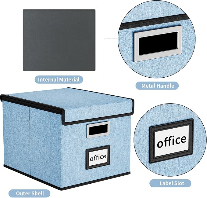 File Organizer Box with Lid, Collapsible File Folder Organizer for Office Document Storage, Filing Box with Plastic Slide for Letter Size Hanging File Folders(1 Pack, Powderblue)