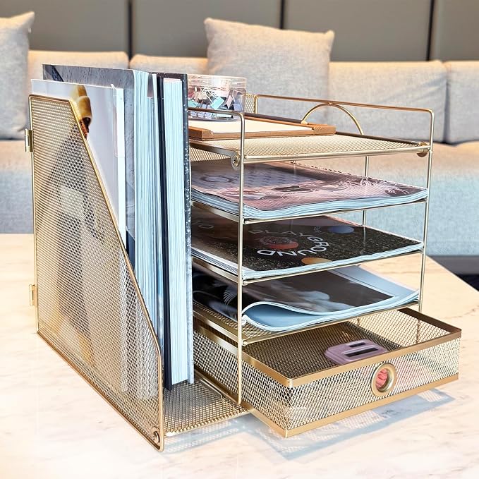 5-Tier Paper Letter Organizer with File Holder, Desk Organizer with Drawer, Mesh Desktop Storage with Magazine Holder for Office Supplies (Golden)