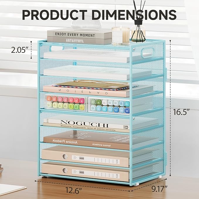 Subekyu 9 Tier Paper Letter File Tray Organizer for Desk, Large Mesh Desk Folder Sorter Organizer with Handle, Include 6 Pcs Adjustable Height Slid Tray for Office Home School Supplies Storage, Blue