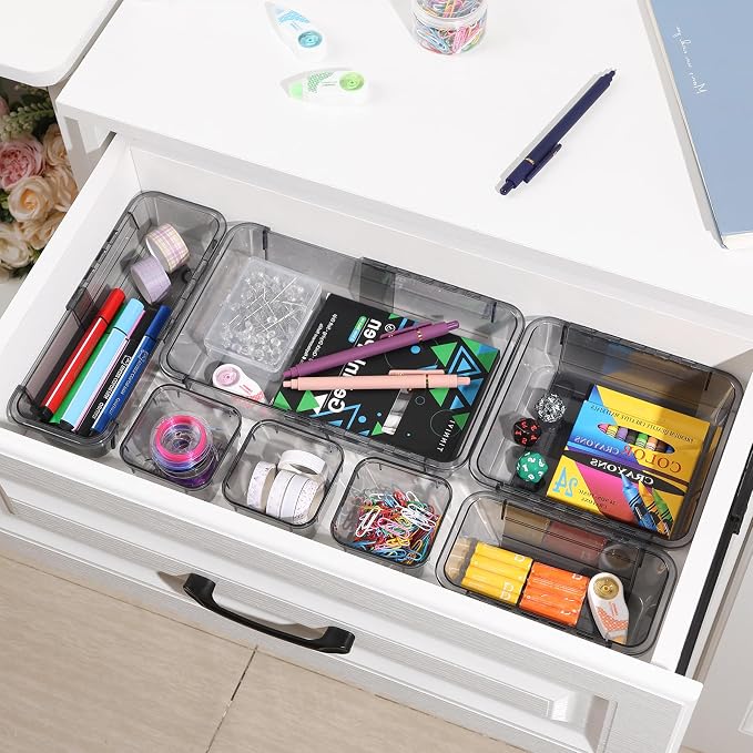 20 Pcs Adjustable Clear Drawer Organizer, Extendable Vanity Storage Bins, Desk Drawer Organizer Set for Makeup, Cosmetics, Bedroom, and Gadgets, Black