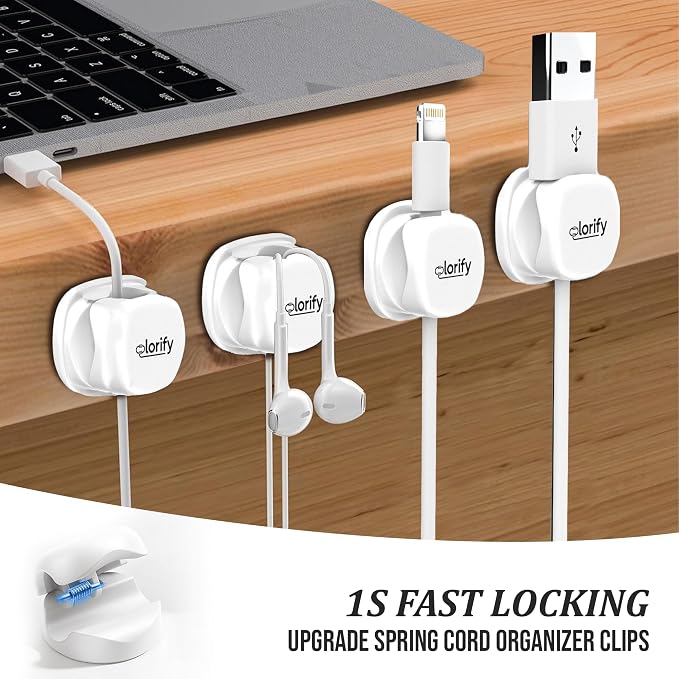 12 Pack Spring Cable Clips, White Adhesive Cord Organizer for Desk, Phone Charging Cords Holder, Car Cable Management, Cable Clips for Computer & Nightstand Charger Clips
