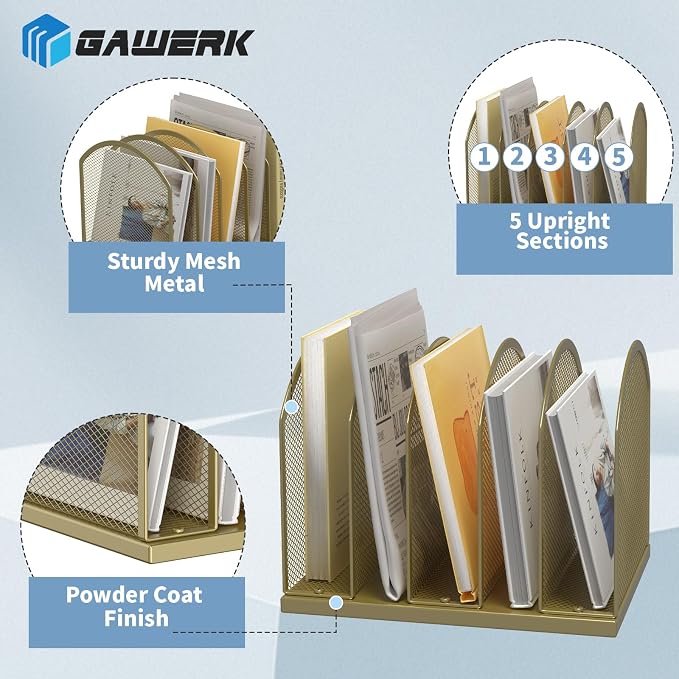 Gawerk 5-Section Vertical Desktop Organizer, 5-Section Mesh File Folder Stand Sorter for Office Home Classroom Organization (1, Gold)