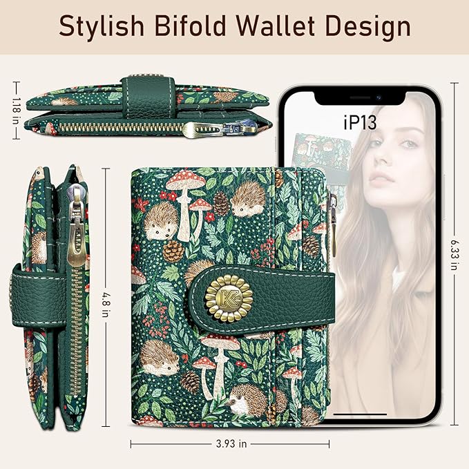 Kelvoris Cute Hedgehog Small Rfid Women Wallet Bifold Zipper Coin Pocket PU Leather Compact Cash Credit Card Holder Travel Wallet for Female Ladies Teen Girls 1 ID Window 10 Card Slots