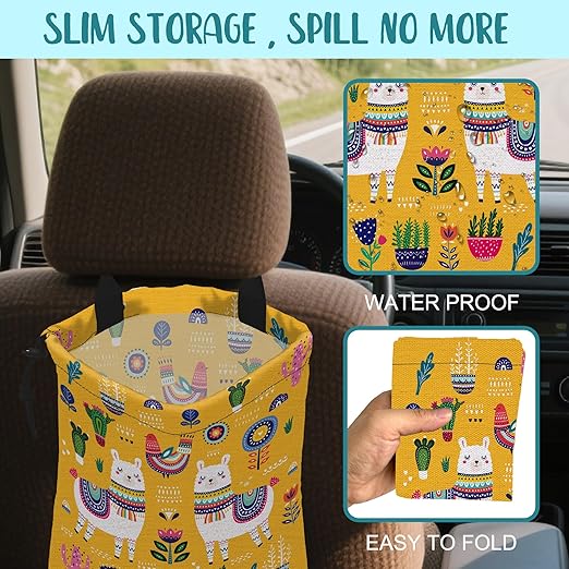 Car Garbage Bag Llama Flowers and Birds Drawstring Car Trash Bag Hanging for Back Seat with Adjustable Buckle Canvas Vehicle Trash Can Easy-to-Install