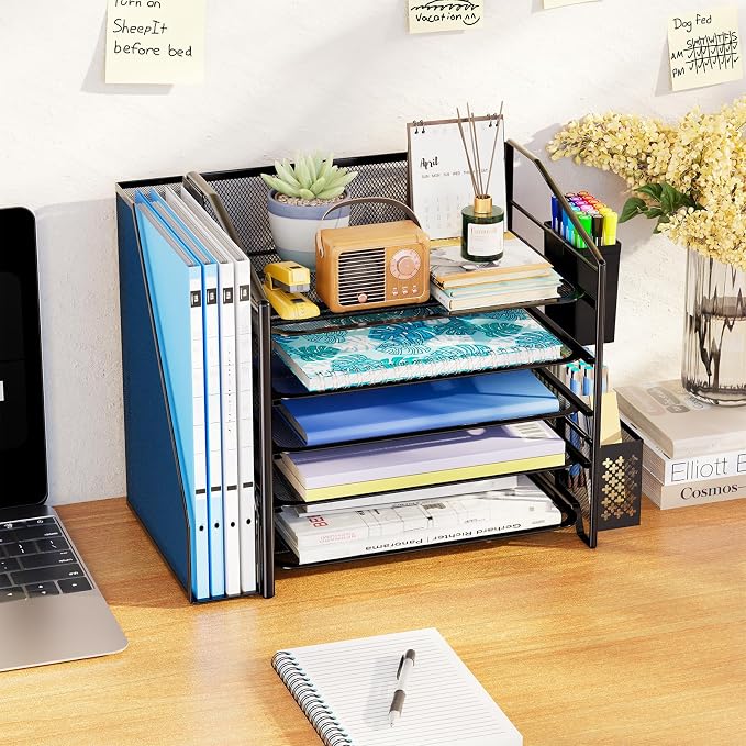 Simple Trending Desk Organizers and Accessories, 5-Tier Desk File Organizer, Paper Letter Tray Organizer with File Holder and Pen Container, Black