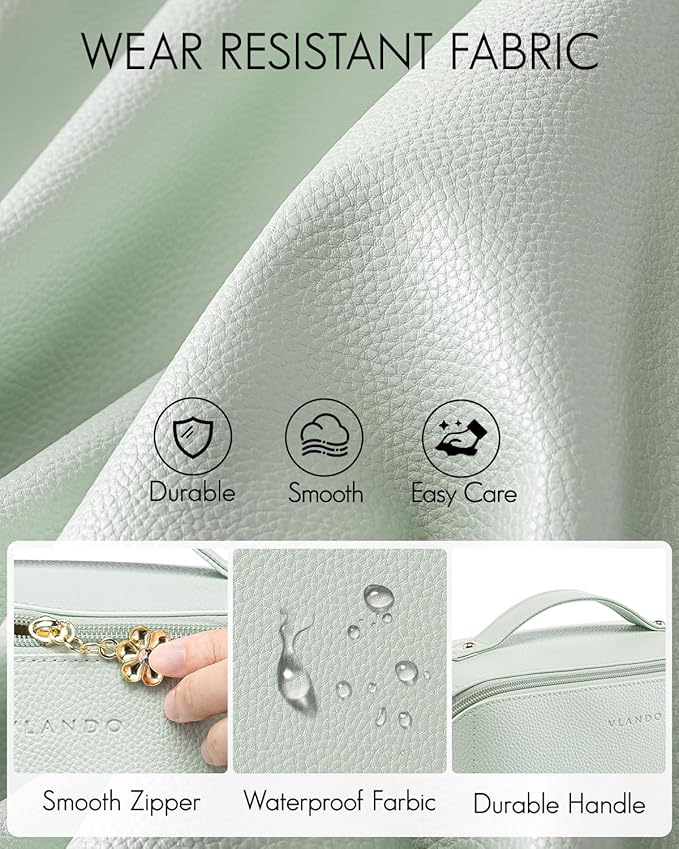 VLANDO Makeup Bag,Travel Toiletry Bag,Cosmetic Bag for Women PU Leather Portable Make up Bag for Skincare, Brushes & Travel Essentials-Mint Green