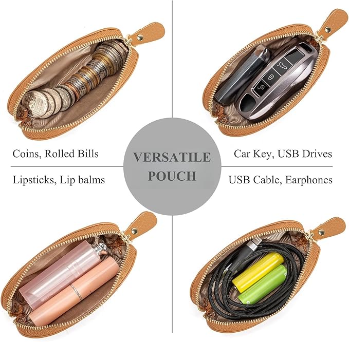 Full Grain Leather Coin Pouch - Travel Small Coin Purse with Zipper - Mini Key Pouch Change Purse for Women and Men (Brown)