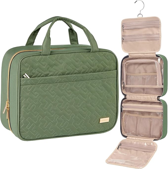 NISHEL Large Double Layer Travel Makeup Bag Women, Cosmetic Case, Organizer for Travel-Size Accessories Bottles, Brushes, Conditioner, and Skin Care Products, Bronze Green