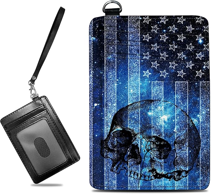 Small Travel Wallets, Blue Skull Flag Slim Minimalist Front Pocket Wallet with Wristlet, RFID Blocking PU Leather Credit Card Holder with ID Window Change Purse for Men Women