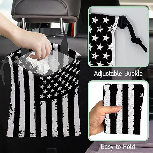 Retro American Flag Car Trash Bag,Hanging Drawstring Car Garbage Bag,Waterproof Canvas Car Back Seat Organizer with Adjustable Buckle,for Vehicles,SUVs,Camping,Road Trips