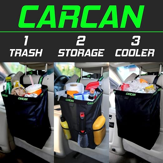 CarCan The Original 3 in 1 Hanging Car Trash Can for Back Seat, Cooler & Storage Bag – Metal Framed, Washable & Reusable Car Trash Bin with 3 Pockets Pack of 10