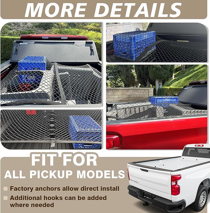 Muslogy Truck Bed Cargo Net Trunk Netting Compatible with Pickup Bed Stretchable 4'x4' to 7'x7' Accessories, Pickup Cargo Organizer SUV Sedan Storage Net w/Heavy Duty Carabiners
