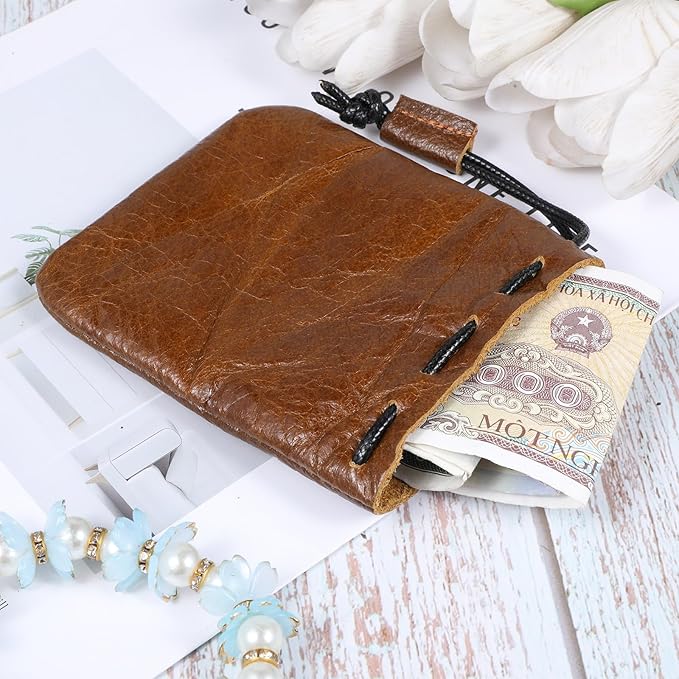 Drawstring Cowhide Bag, Leather Storage Bags, Medieval Coin Purse Organizer, Small Waterproof Pouch Vintage Pouches for Earphone Jewelry Men Women Costume Accessories (Small, Coffee)