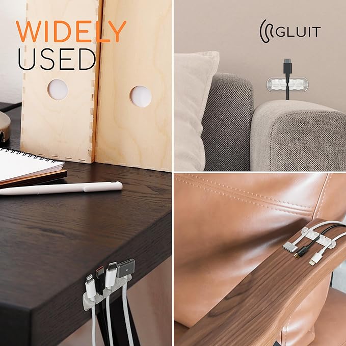 GLUIT Cord Organizer for Desk, Cable Holder for Nightstand, Charger Organizer, Adhesive Desktop Wire Clips, Multislot Cable Management, Table Organizer Accessories - 5 Pack, 15 Slots, Transparent
