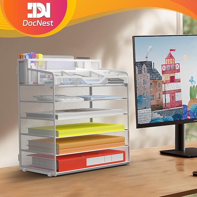 Docnest 6 Tier Mesh Desk Organizer for Paper Office Supplies – Multi-Functional Letter Tray with 5 Adjustable Compartments, 4 Pen Holders, Desktop Storage for Files, Mail, Stationery – White