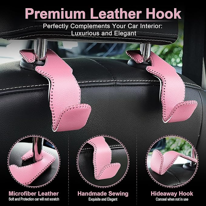 LivTee Headrest Hook for Car, Back Seat Organizer Pink Leather Hanger Holder Hook, Interior Car Accessories for Hanging Purses Bags Coats, 2 Pack