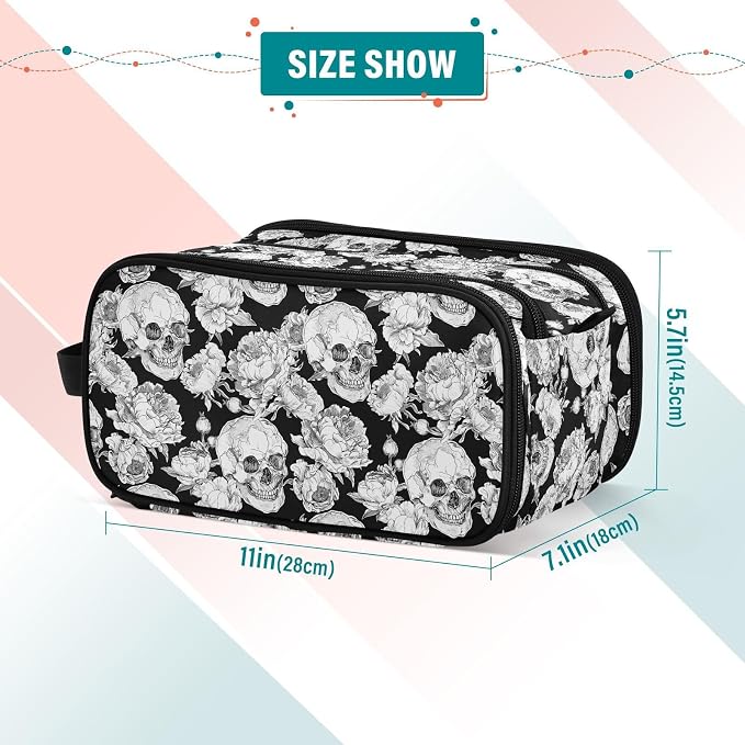 MNSRUU Travel Makeup Bag, Goth Skull Makeup Bag - Large Capacity Cosmetic Bag Organizer, Portable Toiletry Bag for Travel Size