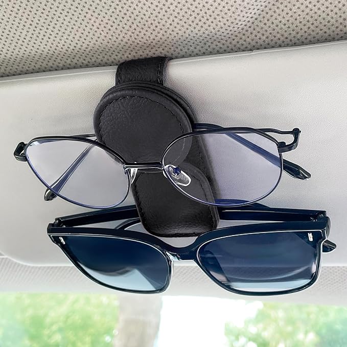KIWEN Sunglasses Holder for Car Visor, Magnetic Leather Sunglass Eyeglass Hanger Clip for Car Sun Visor Accessories (1, Gray)