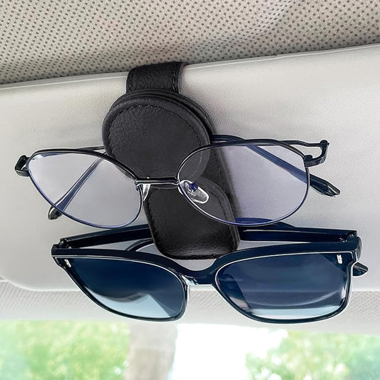KIWEN Sunglasses Holder for Car Visor, Magnetic Leather Sunglass Eyeglass Hanger Clip for Car Sun Visor Accessories (1, Black)