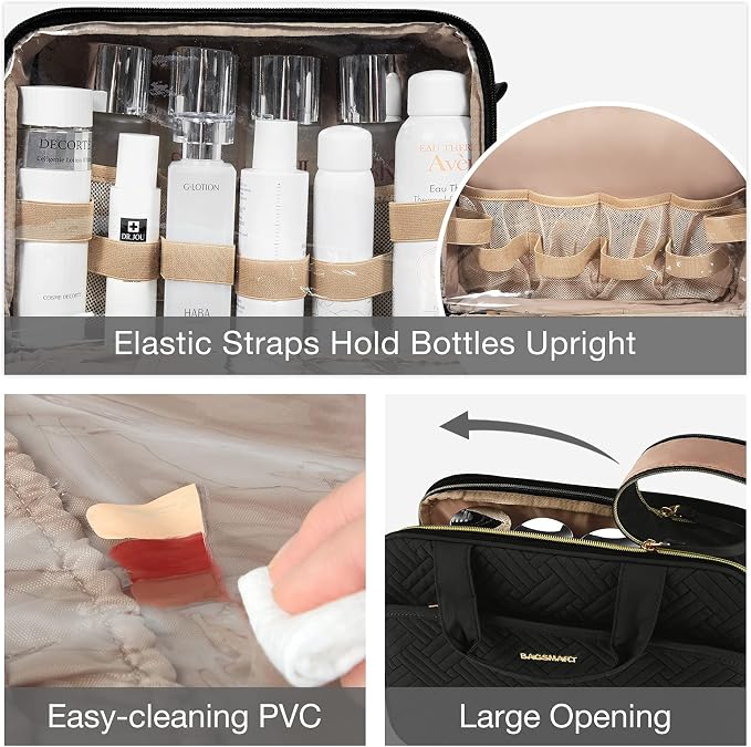 BAGSMART Toiletry Bag for Women, Large Toiletry Bag Water-resistant Makeup Cosmetic Organizer Bag Door Room Essentials for Accessories, Shampoo, Full Sized Container, Toiletries (Medium, Black)