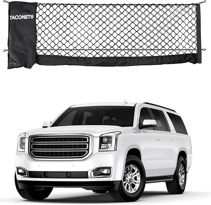 TacoNets Envelope Cargo Net for Suburban | Tahoe | Yukon/XL | Escalade/ESV - Fits 2015-Current - Upgraded 5mm Bungee - Integrated Storage Bag - Heavy Duty Hooks - Designed in USA