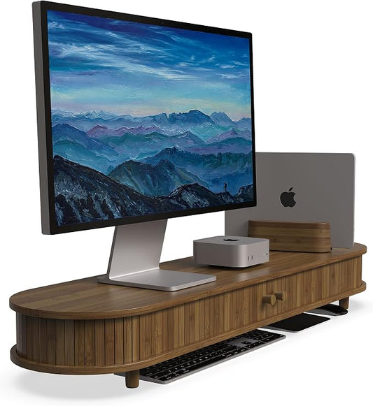 Bamboo Dual Monitor Stand with Storage, Curved Double Computer Laptop Stand Desk Shelf Organizer with Sliding Doors (42 inch) Dark Bamboo