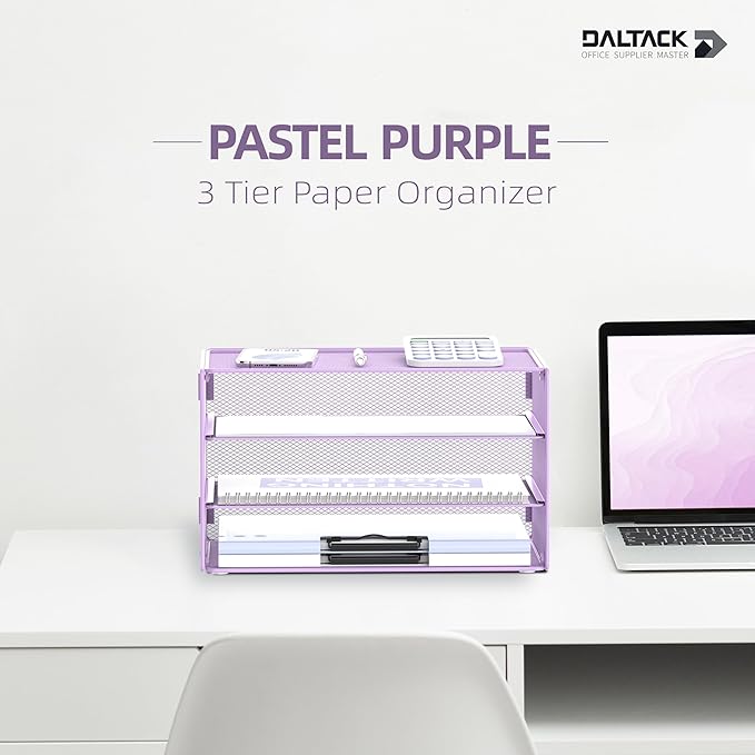 DALTACK 3 Tier Letter Tray Paper Organizer for Desk, Mesh Metal Desk File Organizer with Sliding Trays for Letter/A4 Paper, Mail, Bills & Folders, Light Purple