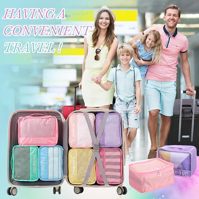 Days of Week Packing Cubes Weekly Organizer Travel Storage Bag School Clothes for Kids Summer Camp Family(12x9x5inch,Macaron,15)