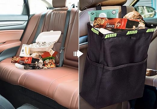 Ginsco 3.5 Gallons Large Capacity Hanging Car Trash Bag, Reusable Car Trash Can, Leakproof Car Garbage Bag, Foldable Waterproof Car Organizer Cooler with 4 Pockets for Camping Traveling