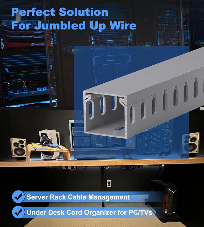 ZhiYo H1.4 W1.6 in Server Rack Cable Management Raceway, 66in (4X L16.5in) Cable Raceway Kit, Electrically Safe PVC Open Slot Wire Cord Hider for Under Desk/Computer/Network Cords, Gray