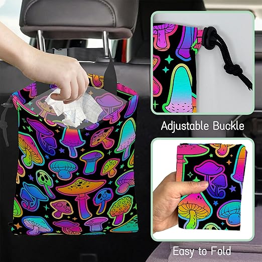 Bright Mushrooms Car Garbage Bag,Colorful Mushroom Waterproof Small Car Trash Bag Hanging Back of Seat,Drawstring Hanging Car Trash Bag with Adjustable Buckle for Car Accessories