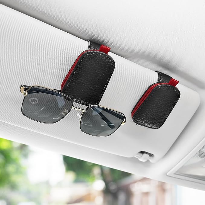 SINGARO Sunglasses Holder for Car, Leather Magnetic Buckle Sun Visor Sunglass Clip, Ticket Card Storage Glasses Clip, Car Interior Accessories for Men and Women（2PCS Black-red）