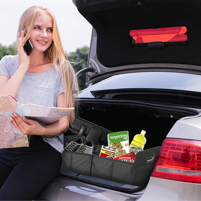 HealSmart Car Trunk Organizer, Foldable 2 Compartment Automotive Storage Accessories with 50L Capacity, 600D Waterproof Oxford Polyester, Non Slip Bottom, Black, 2 Pack