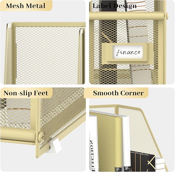 SUPEASY Desk Organizers Metal Desk Magazine File Holder with 5 Vertical Compartments Rack File Organizer for Office Desktop, Classroom, Home Workspace, Golden Yellow, Plus